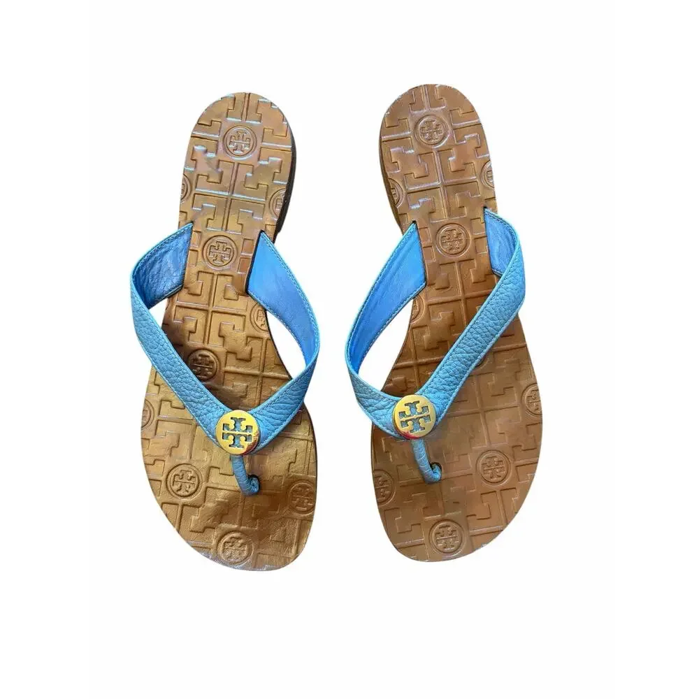 Tory Burch Thora Sandal 8M Chambray Blue Snake Leather Logo Thong Flip Flop Shoe